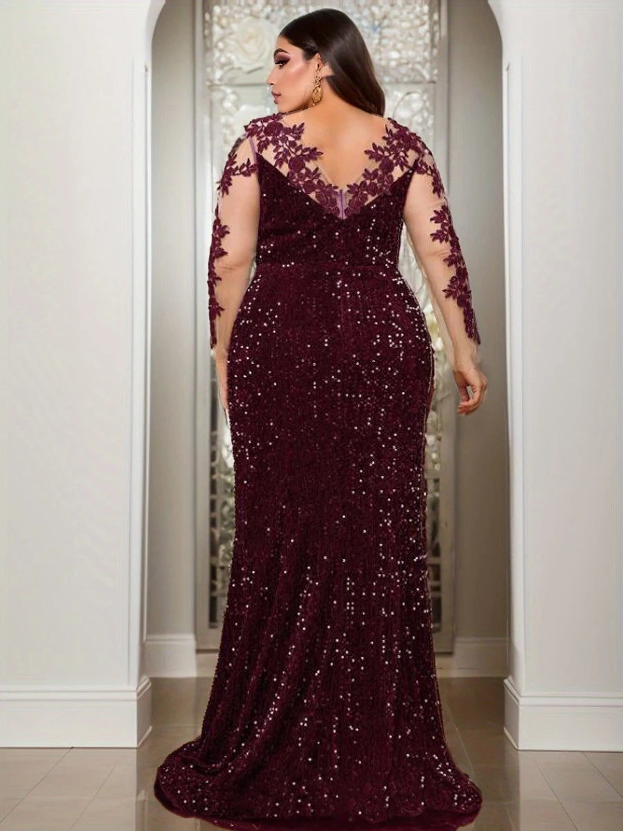 Women's Curve Evening Party Long Dress Lace Patchwork Sequined Velvet Full-Sleeve Hollow Out Maxi Prom Gown