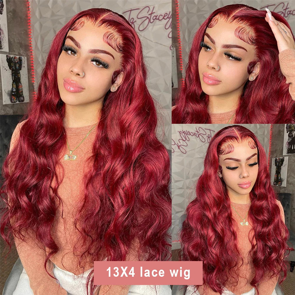 250% Burgundy 99J Body Wave 13x6 Hd Lace Frontal Human Hair Wig Transparent Lace Front Wigs For Women Brazilian Red Colored Wig