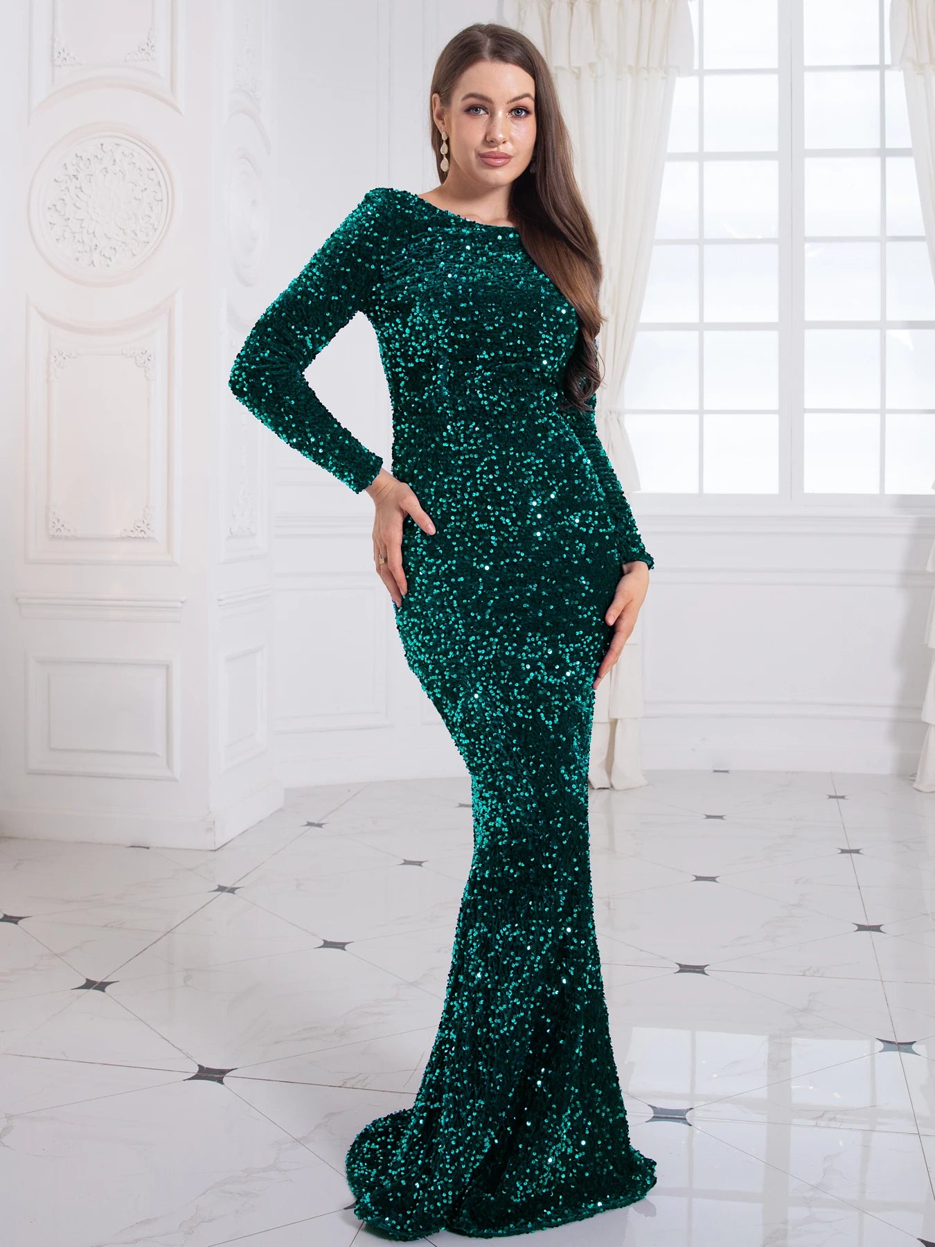 Full Sleeve Stretch Sequin Bodycon Mermaid Evening Dress Floor Length Party Gown Black Green Royal Blue